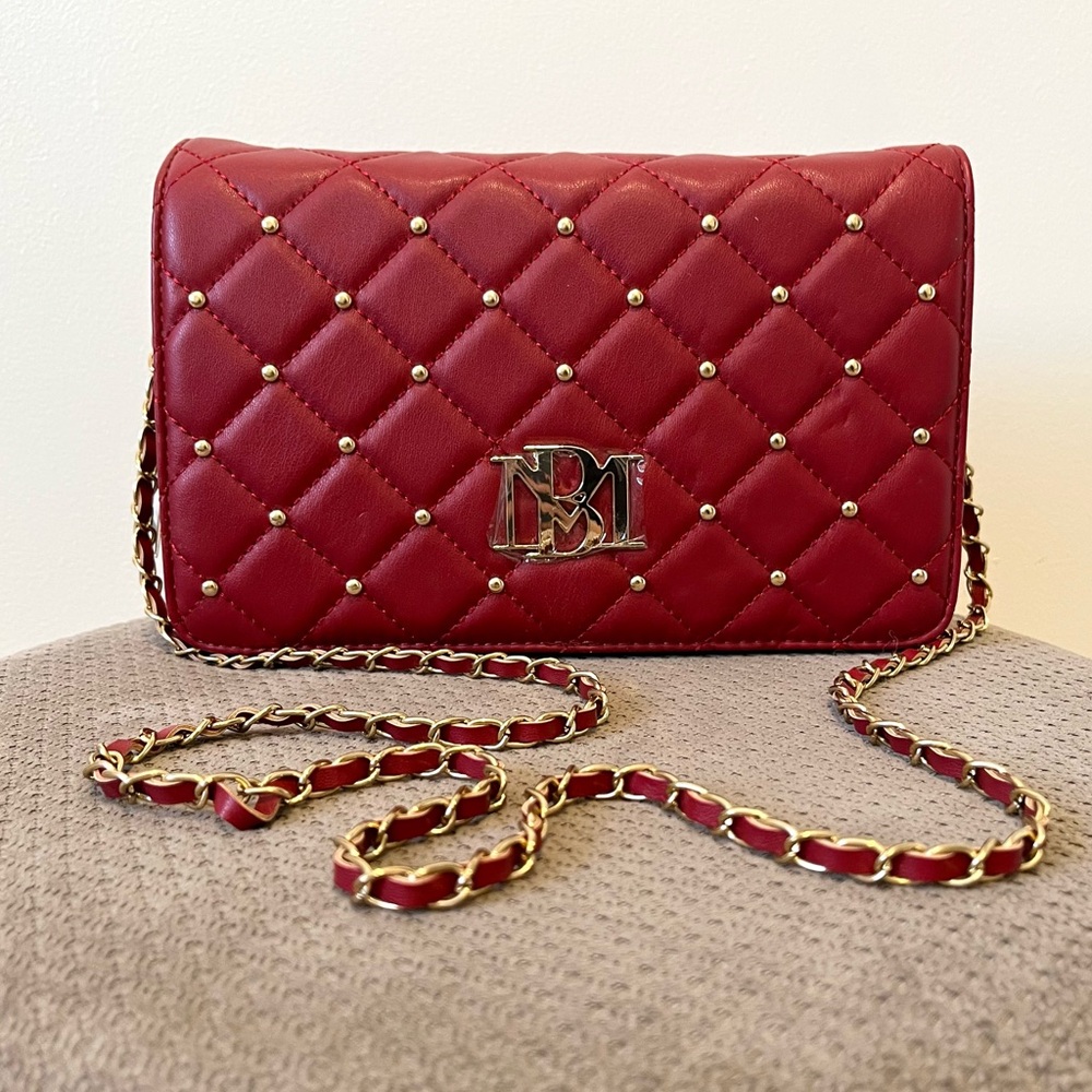 Badgley Mischka Red Purse Quilted Gold Studded  Gold Chain Strap Brand New
